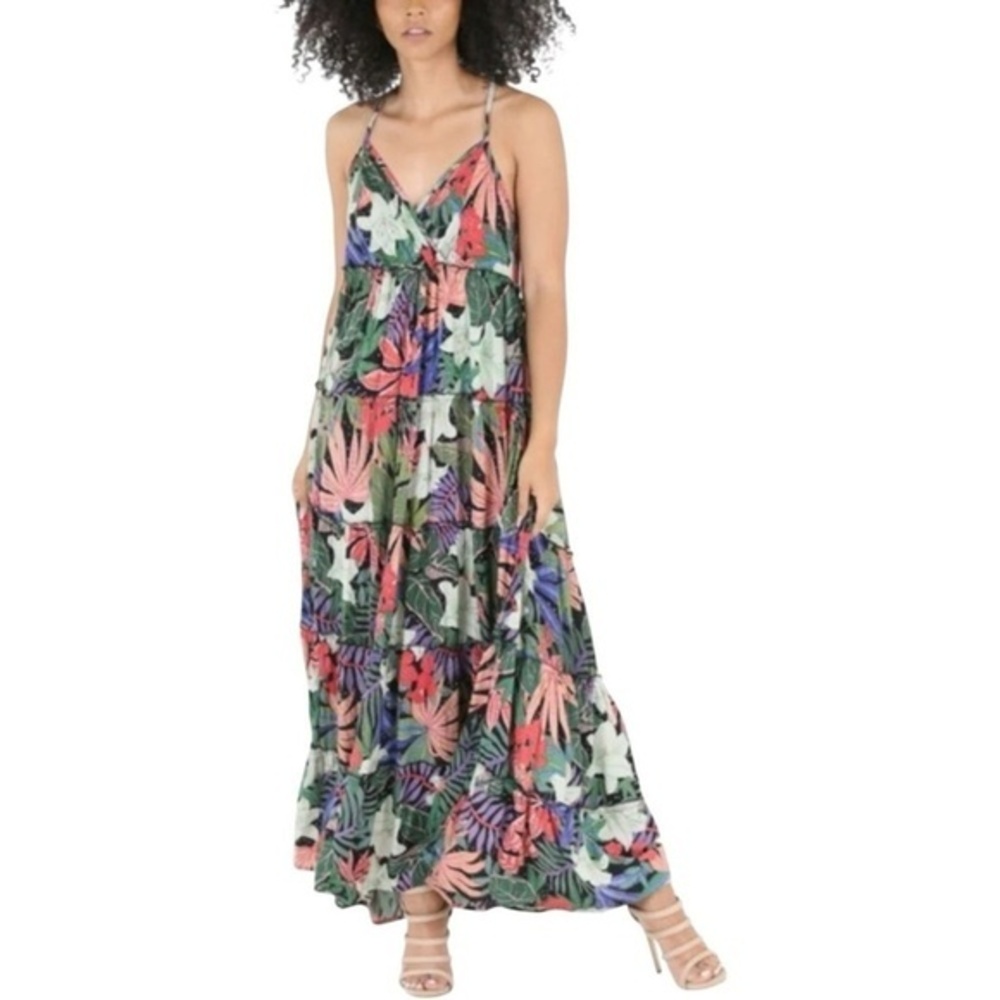 Angie Tropical Print Tiered Maxi Dress Crossed Back Boho Sleeveless size M Flowy